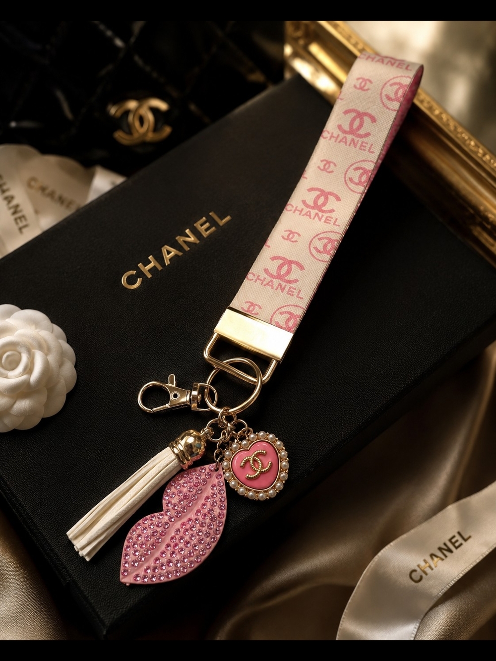 Upcycled Authentic Chanel Charm Luxury Logo Wristlet Keychain